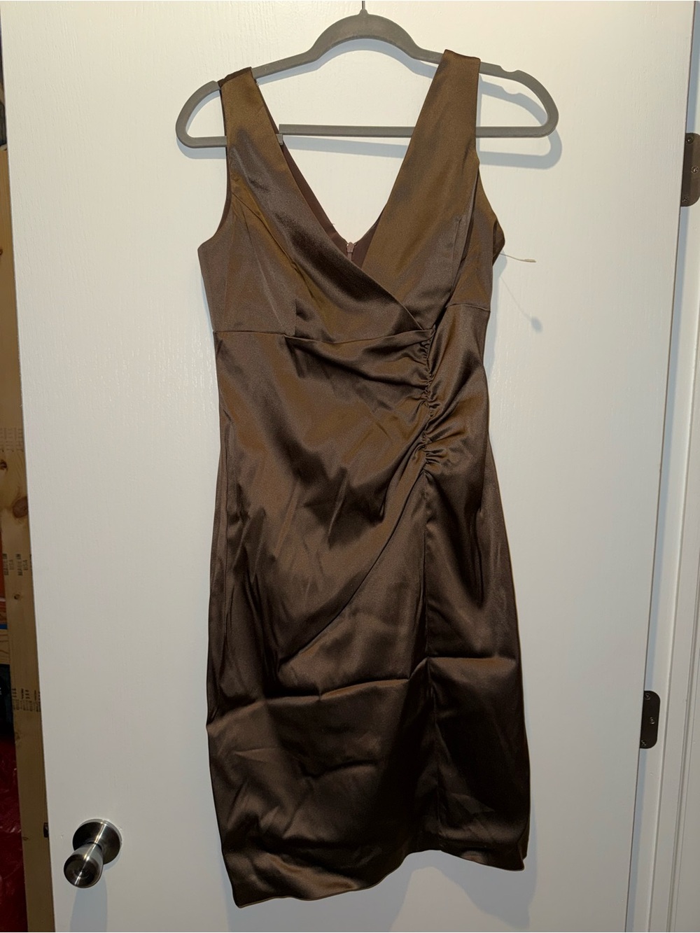 Donna Ricco Brown Satin V-Neck Midi Dress